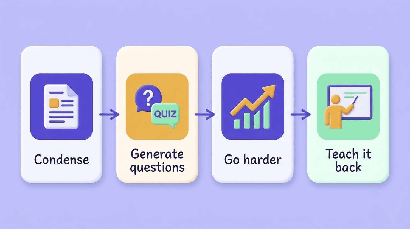 Four-step workflow: condense, generate questions, go harder, teach it back