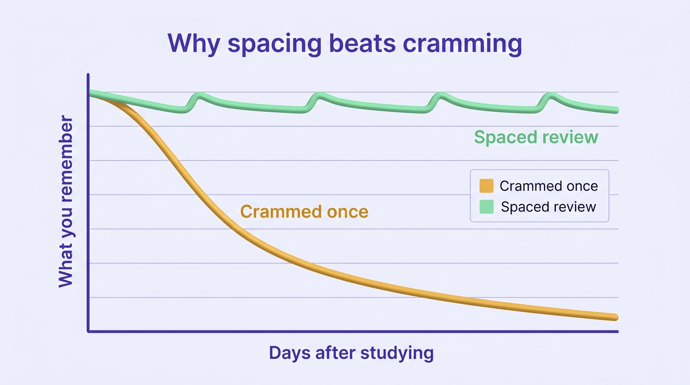Line chart: memory from cramming drops steeply while spaced review stays high
