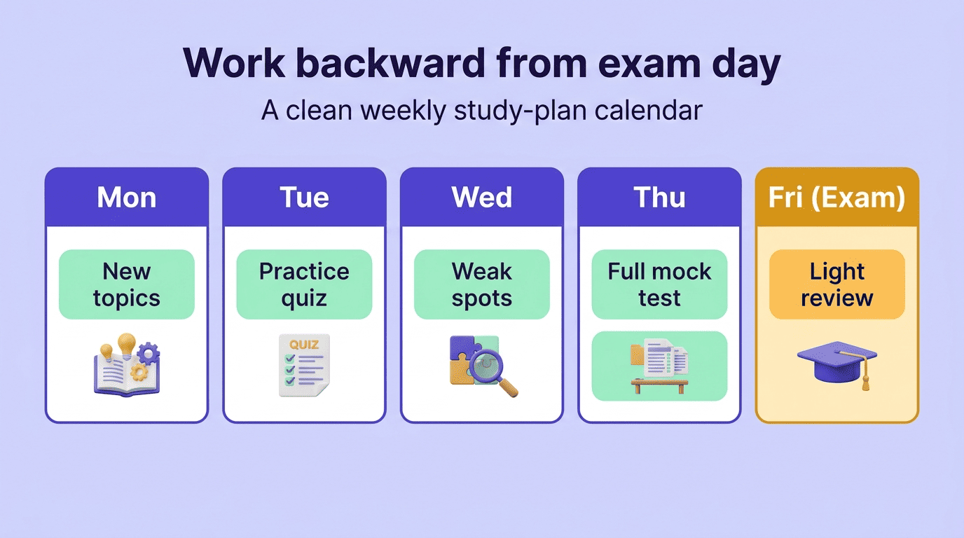 A weekly study plan working backward from exam day: new topics, practice quiz, weak spots, mock test, light review