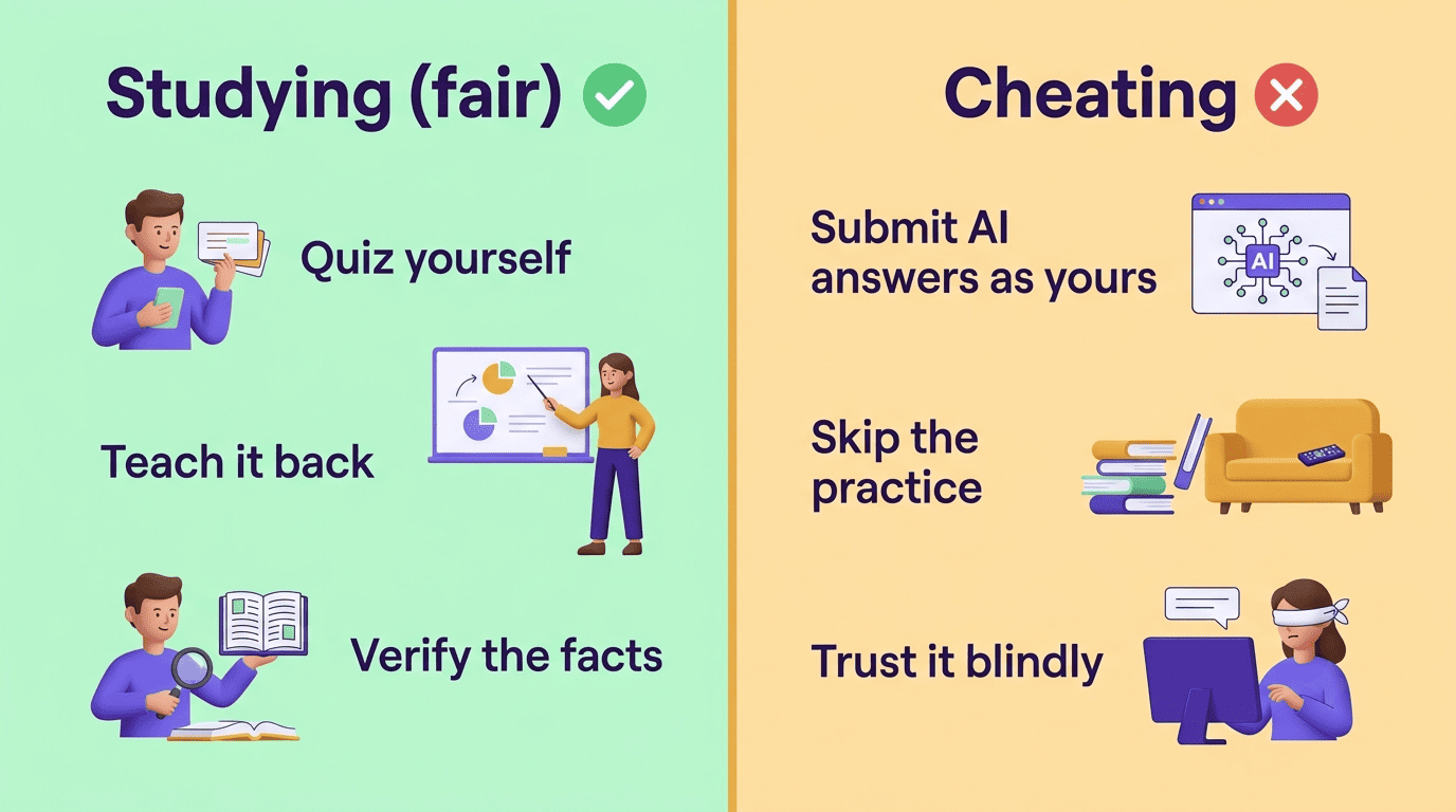 Comparison: studying fairly (quiz yourself, teach it back, verify facts) versus cheating