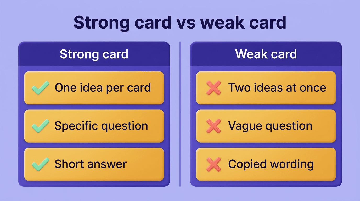 Comparison of a strong flashcard (one idea, specific question, short answer) versus a weak one