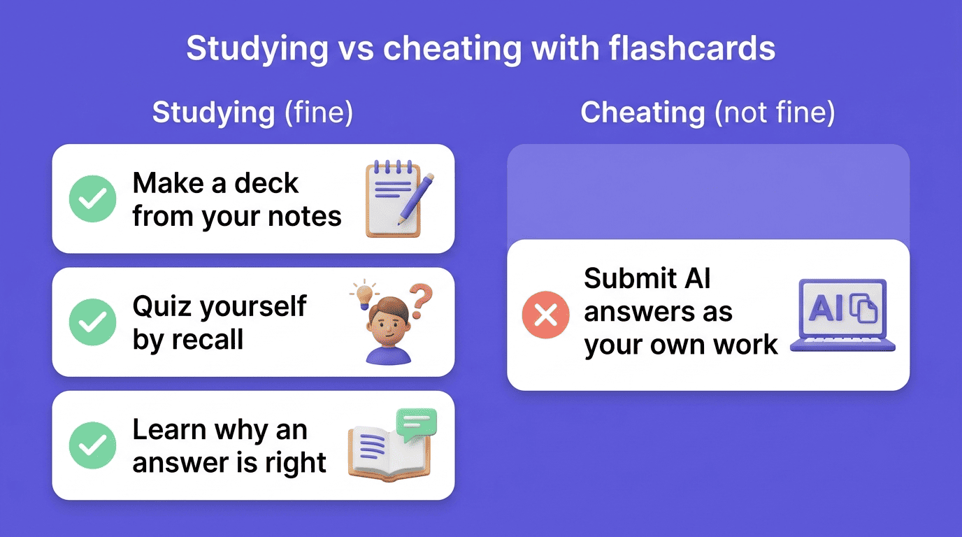 Studying versus cheating: build and quiz your own deck is fine; submitting AI answers as your own work is not