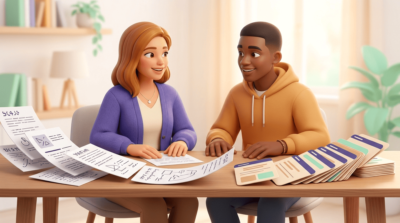 A tutor and student turning a pile of notes, slides and a PDF into a fanned deck of flashcards