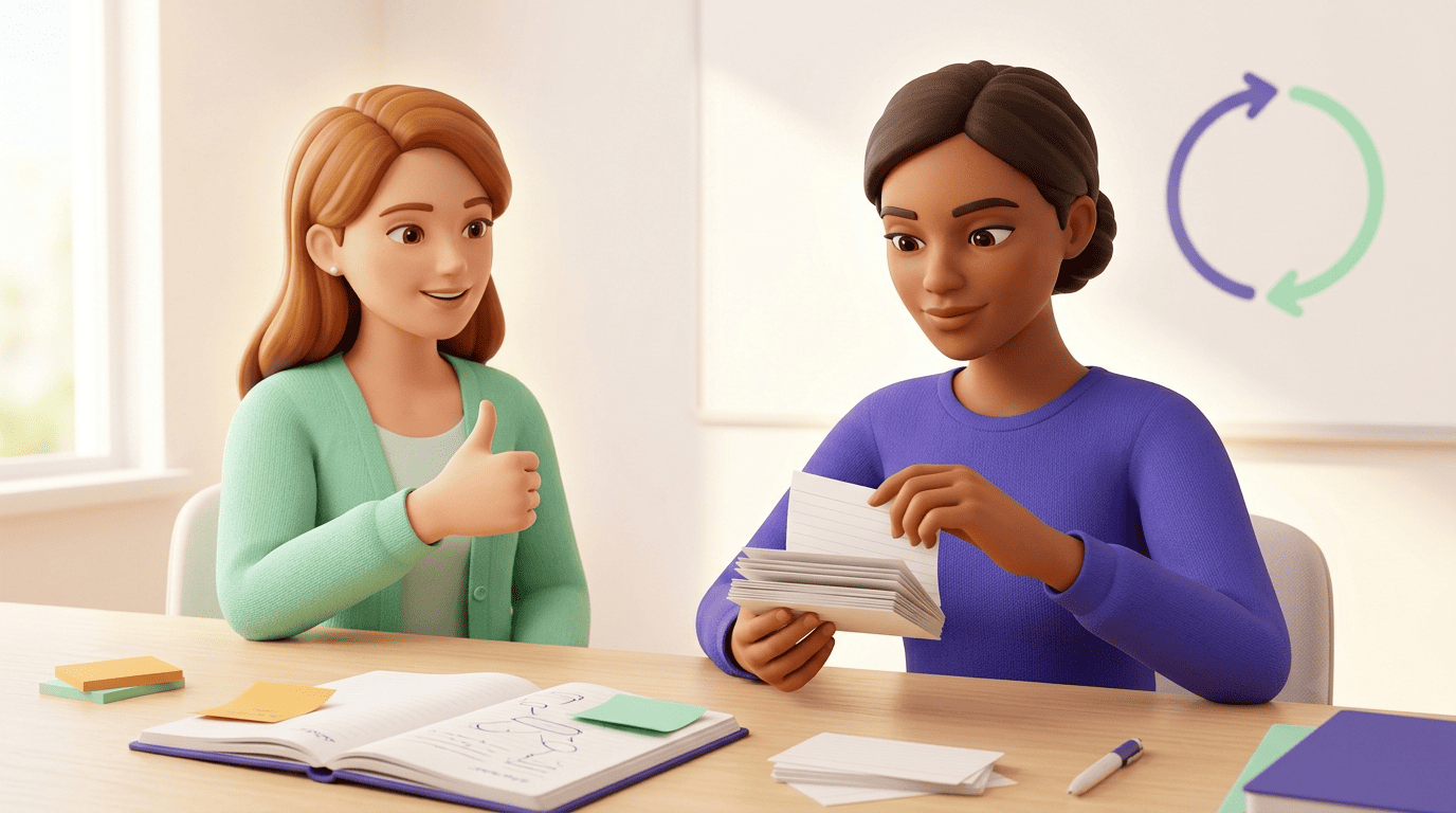 A student turning an explanation into flashcards and self-quizzing in a study loop