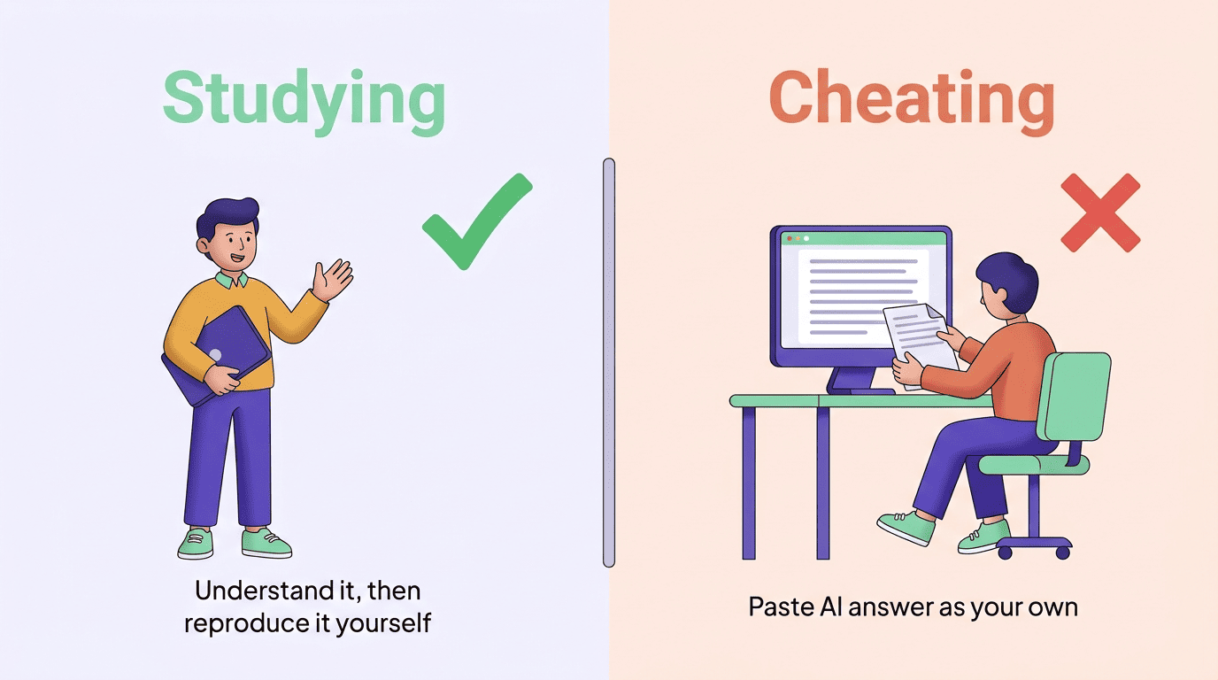 Comparison of studying versus cheating: understanding and reproducing an idea yourself versus pasting an AI answer as your own