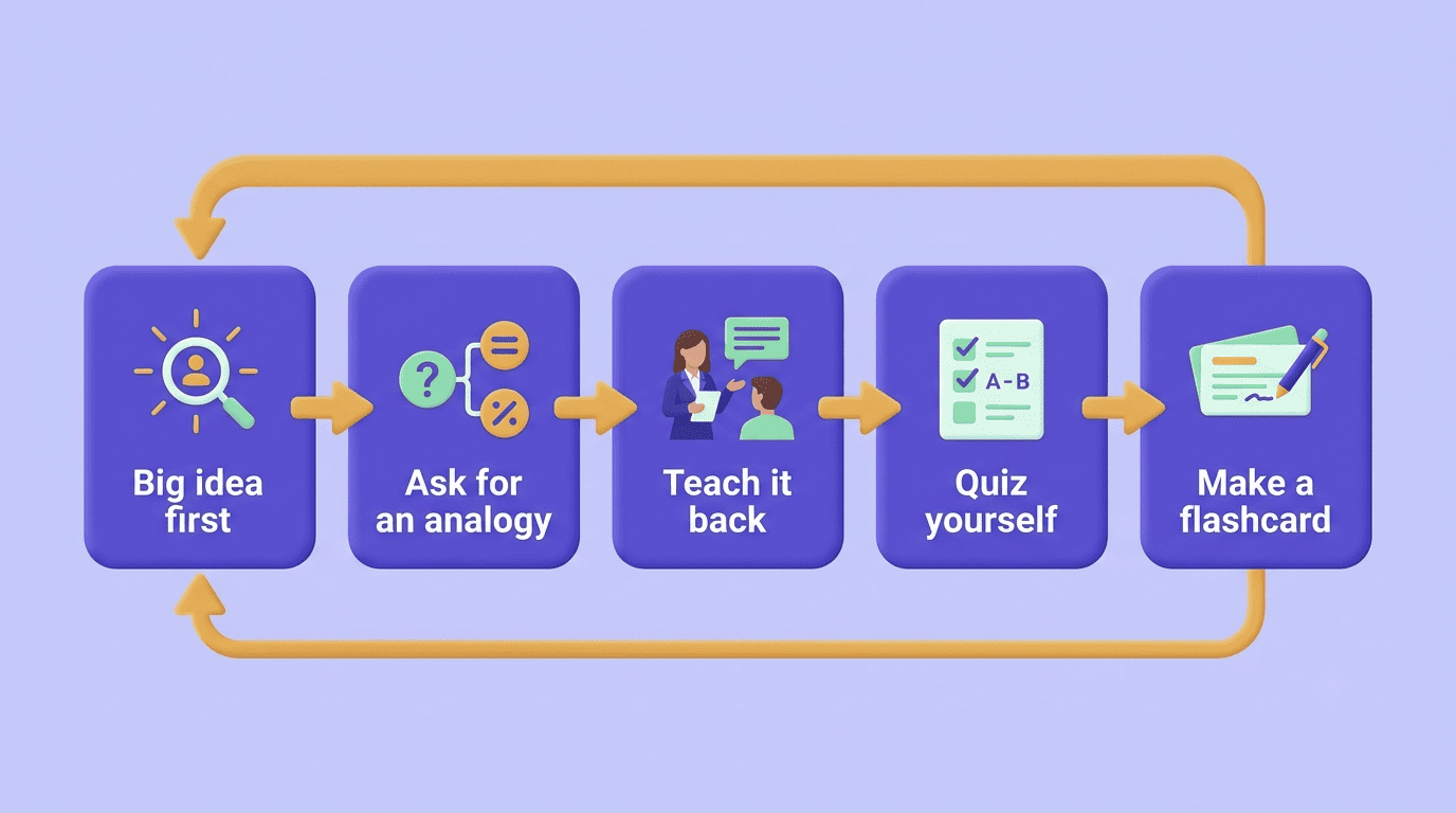 A repeating understanding loop: big idea first, ask for an analogy, teach it back, quiz yourself, make a flashcard