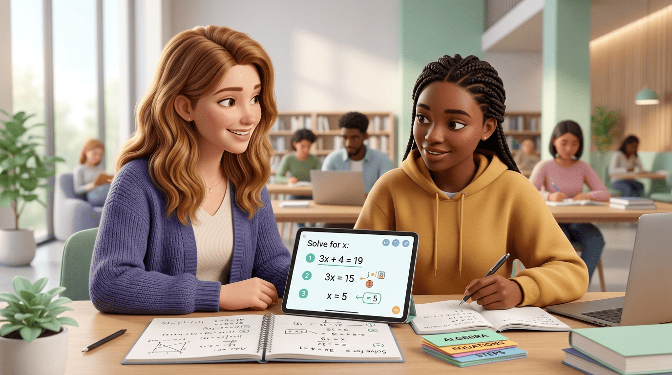 Tutor Ada and a student watching an AI math solver break a problem into clear numbered steps on a tablet