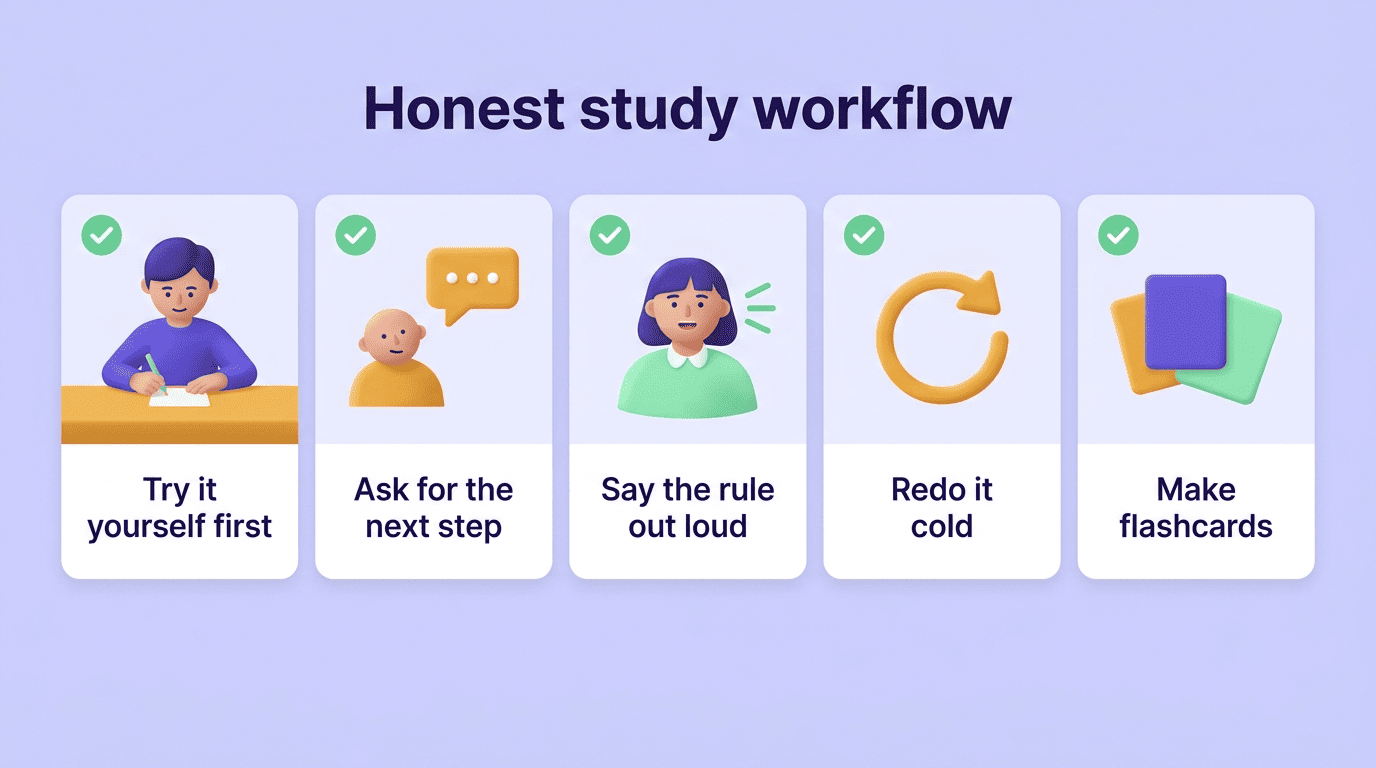 Honest study workflow checklist: try it first, ask for the next step, say the rule aloud, redo it cold, make flashcards