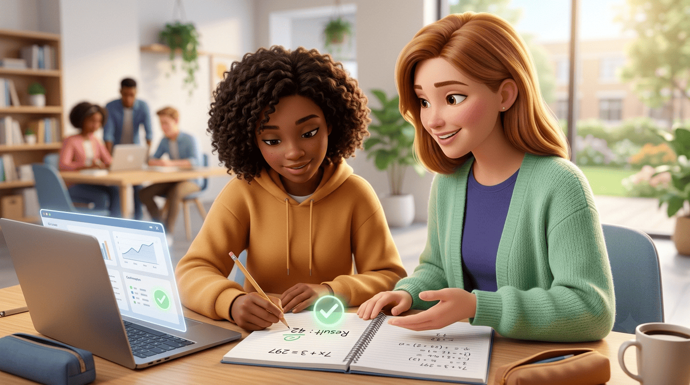 Tutor Ada watches a student double-check a solved answer by plugging it back into the equation