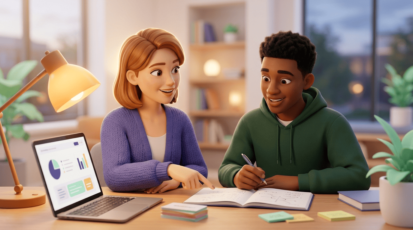 A friendly tutor explains a concept to a student during a late study session with a laptop, notebook and flashcards