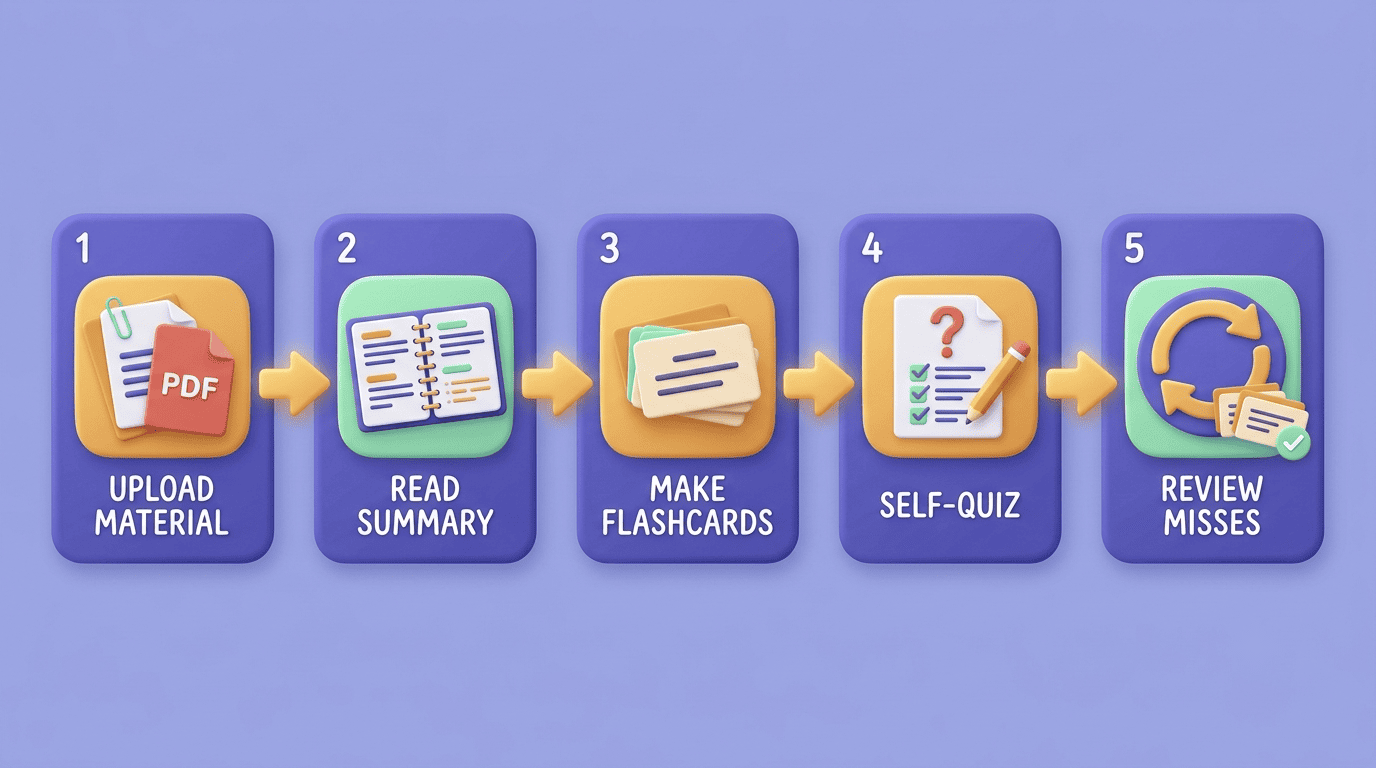 Five-step study routine: upload material, read summary, make flashcards, self-quiz, review misses