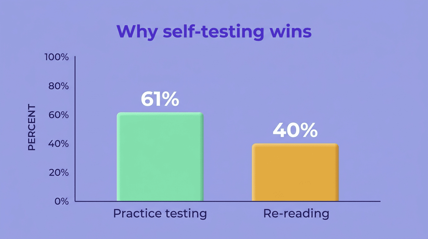 Bar chart comparing practice testing at 61 percent to re-reading at 40 percent