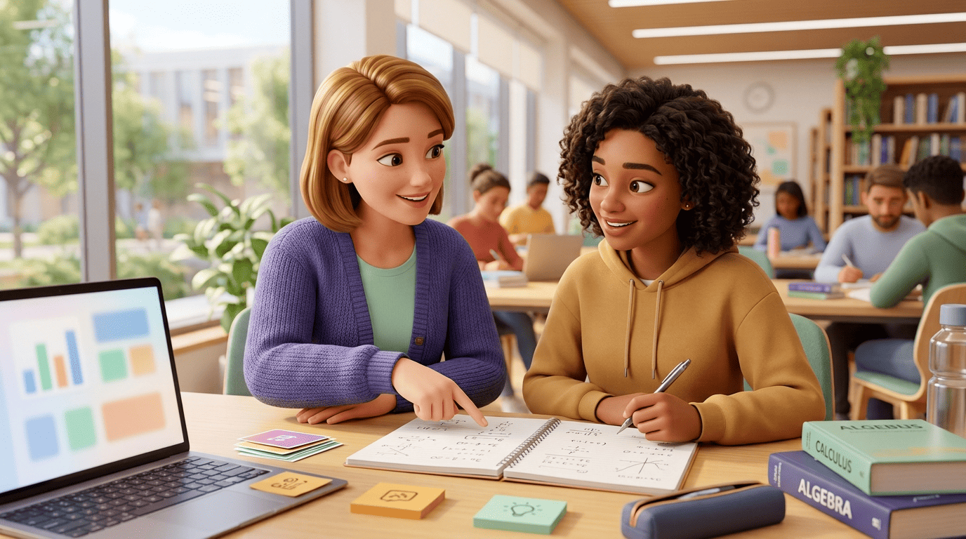 A tutor guiding a student through a math problem in a notebook, pointing at a step rather than writing the answer
