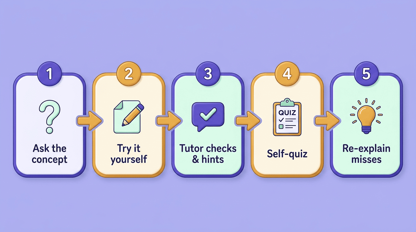 Five-step study loop with an AI tutor: ask the concept, try it yourself, tutor checks and hints, self-quiz, re-explain misses