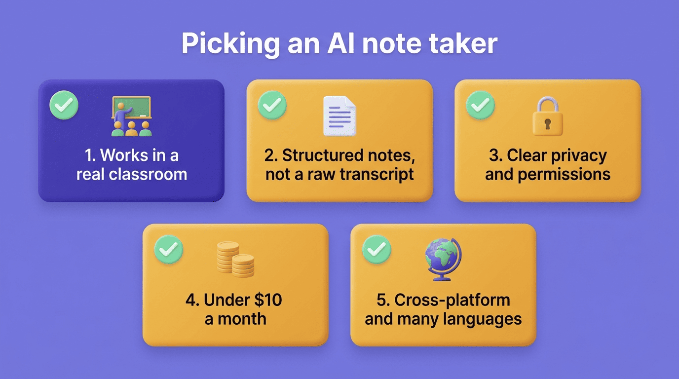 Checklist for picking an AI note taker: works in a real classroom, structured notes, clear privacy, under $10 a month, cross-platform
