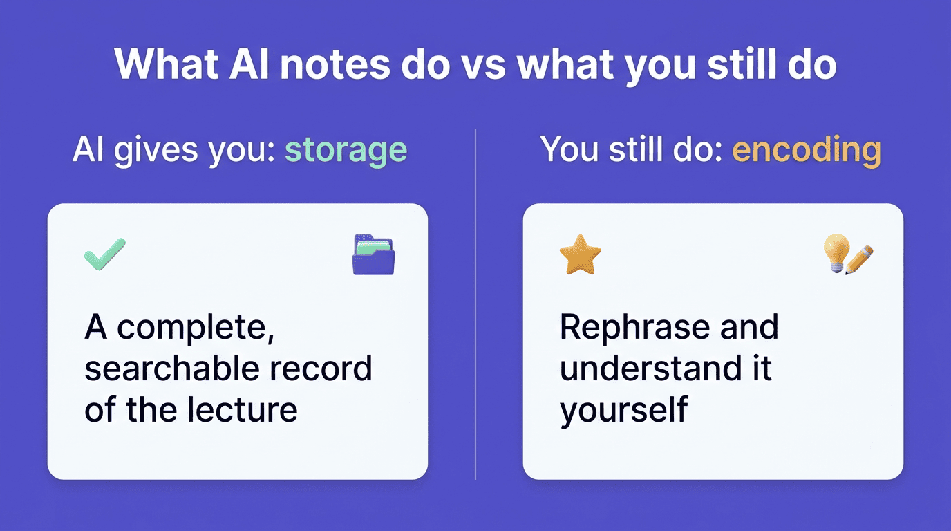 Comparison: AI gives you storage, a complete searchable record; you still do the encoding, rephrasing and understanding