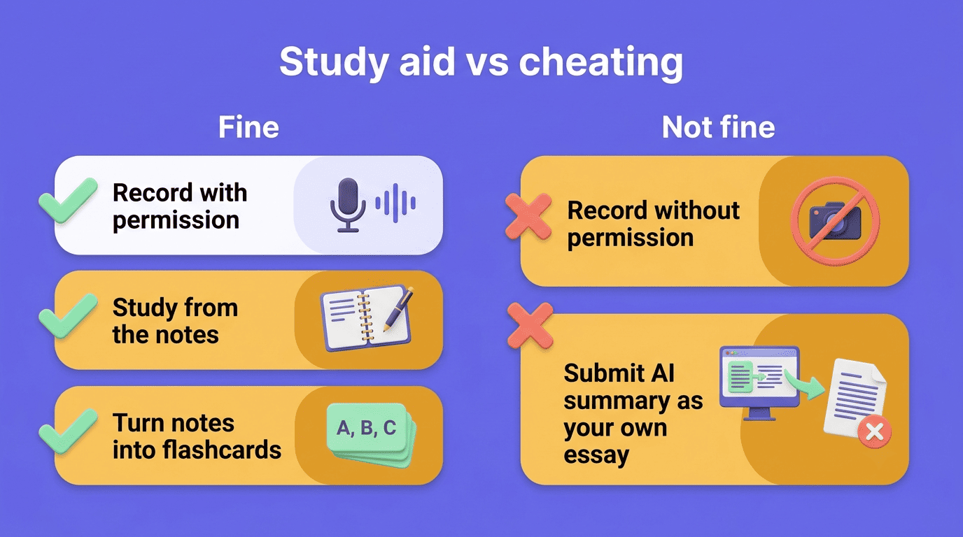 Study aid versus cheating: recording with permission and studying is fine; recording without permission or submitting the AI summary as your own is not
