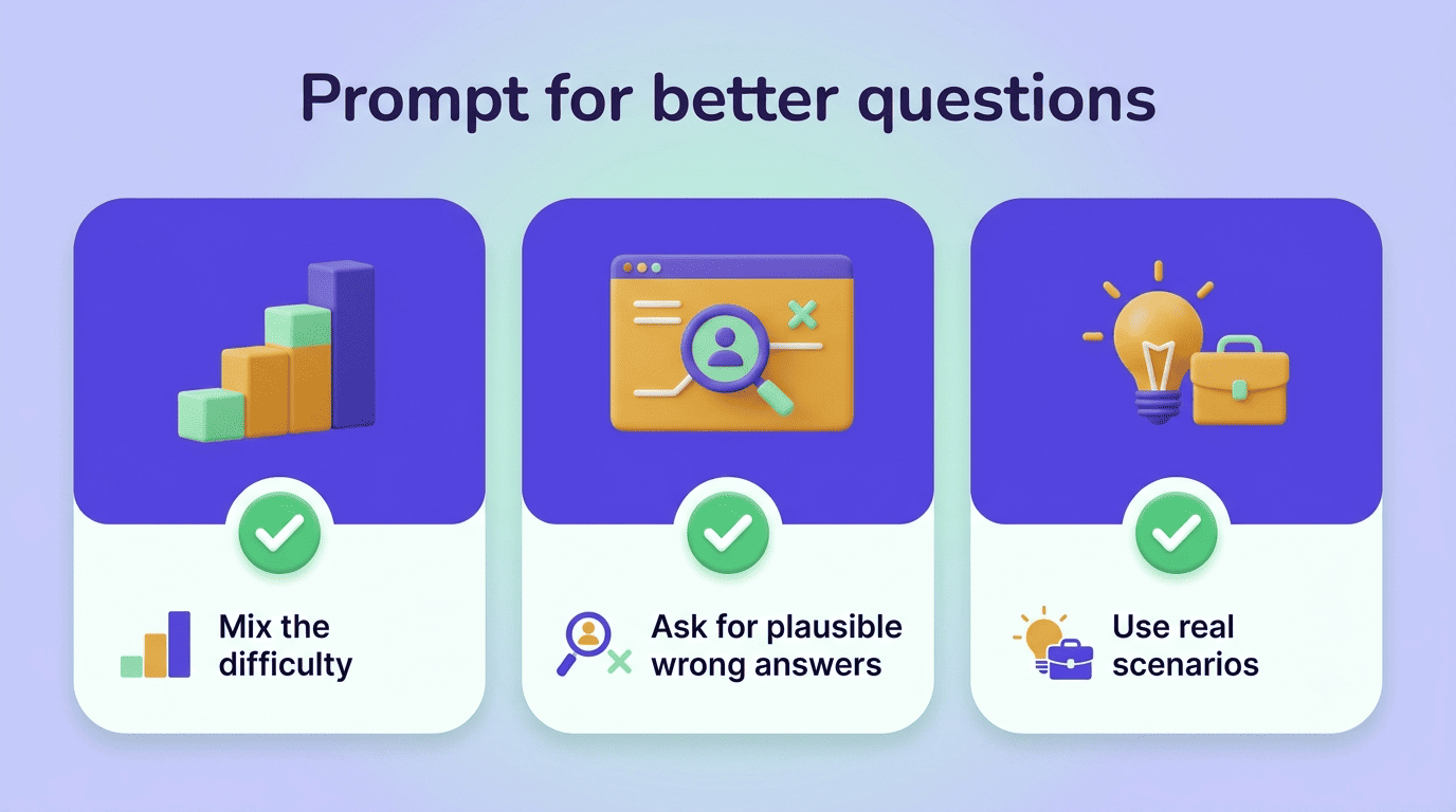 Checklist: mix the difficulty, ask for plausible wrong answers, use real scenarios