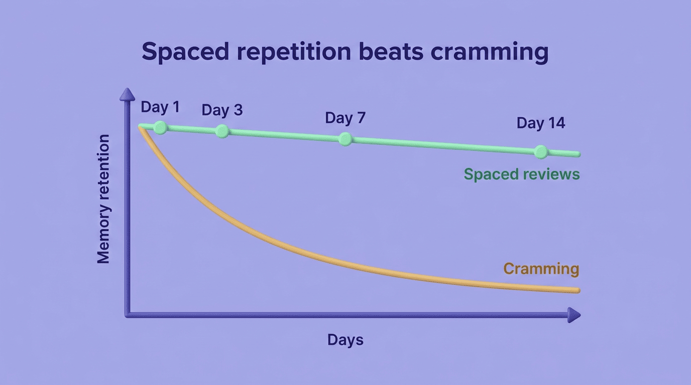 Line chart comparing memory retention from cramming versus spaced reviews at day 1, 3, 7 and 14