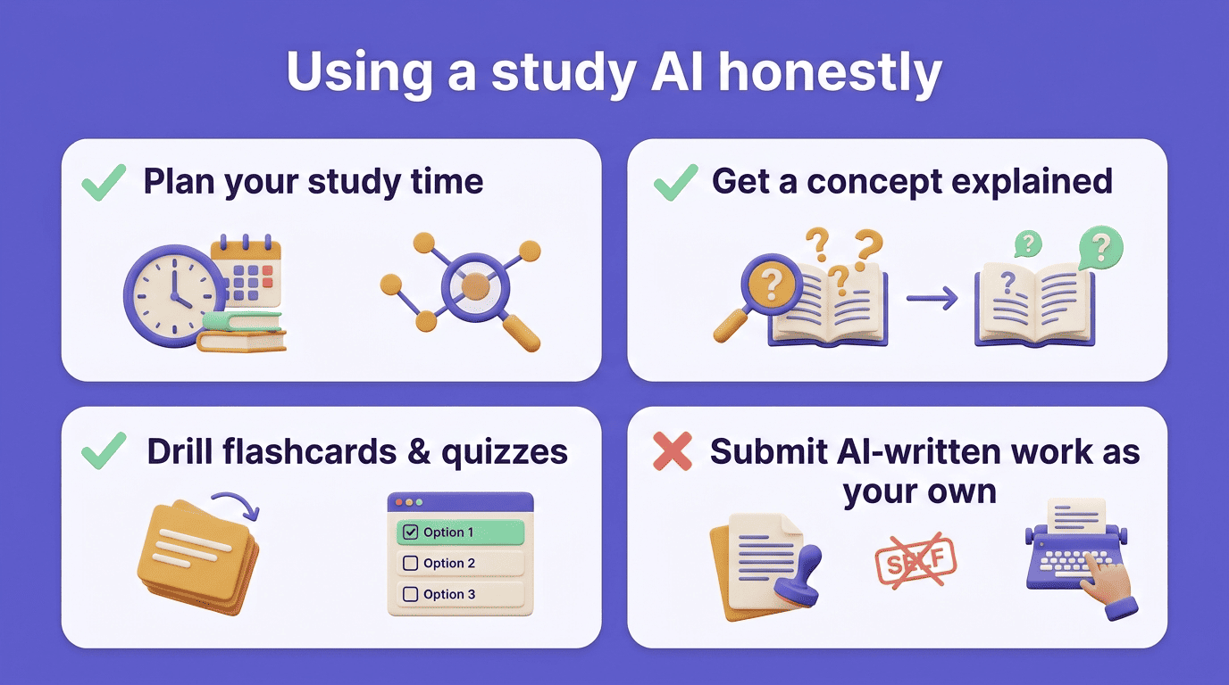 Checklist of honest AI study use: plan time, get concepts explained, drill flashcards — do not submit AI-written work as your own