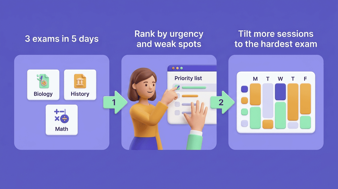 Three-step diagram: three exams in five days, rank by urgency and weak spots, tilt more sessions to the hardest exam
