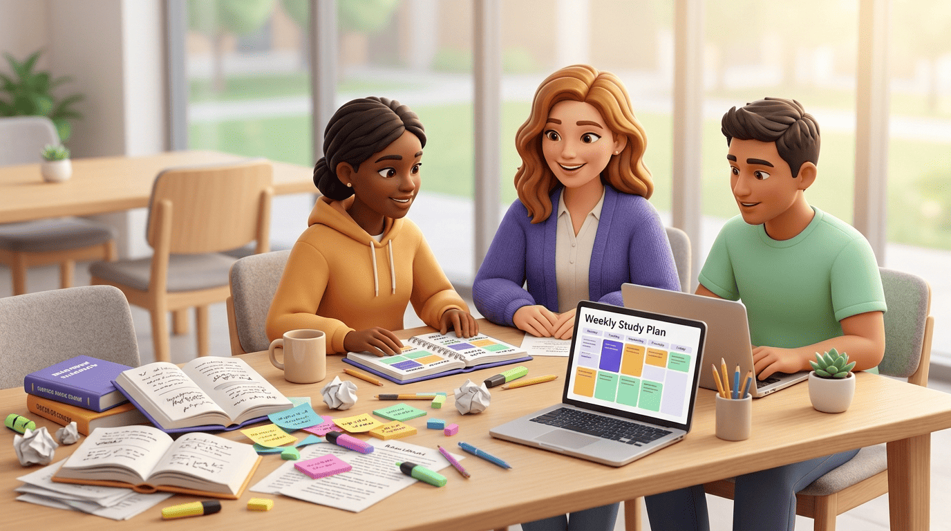 A tutor and two students turning a messy pile of books and notes into a clean weekly study plan on a laptop