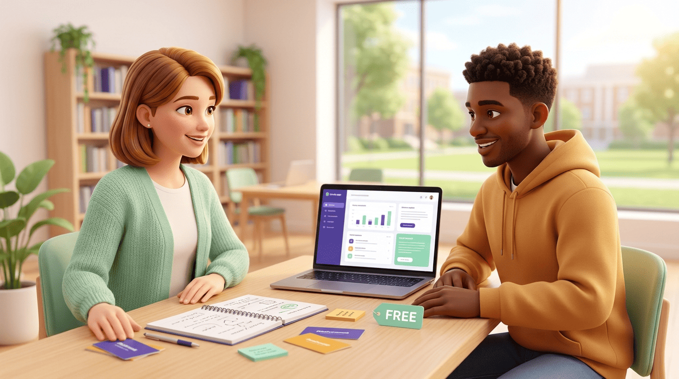 A tutor and a happy student using a free study app on a laptop with flashcards and a FREE tag on the desk