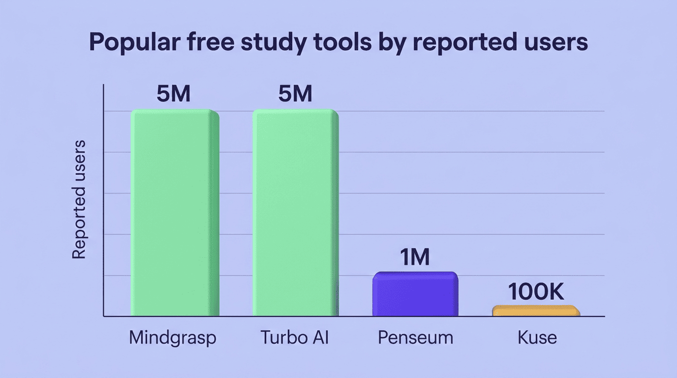 Bar chart of reported users for popular free study tools: Mindgrasp 5M, Turbo AI 5M, Penseum 1M, Kuse 100K