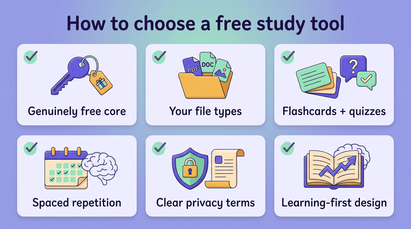 Checklist for choosing a free AI study tool: free core, file types, flashcards and quizzes, spaced repetition, privacy, learning-first