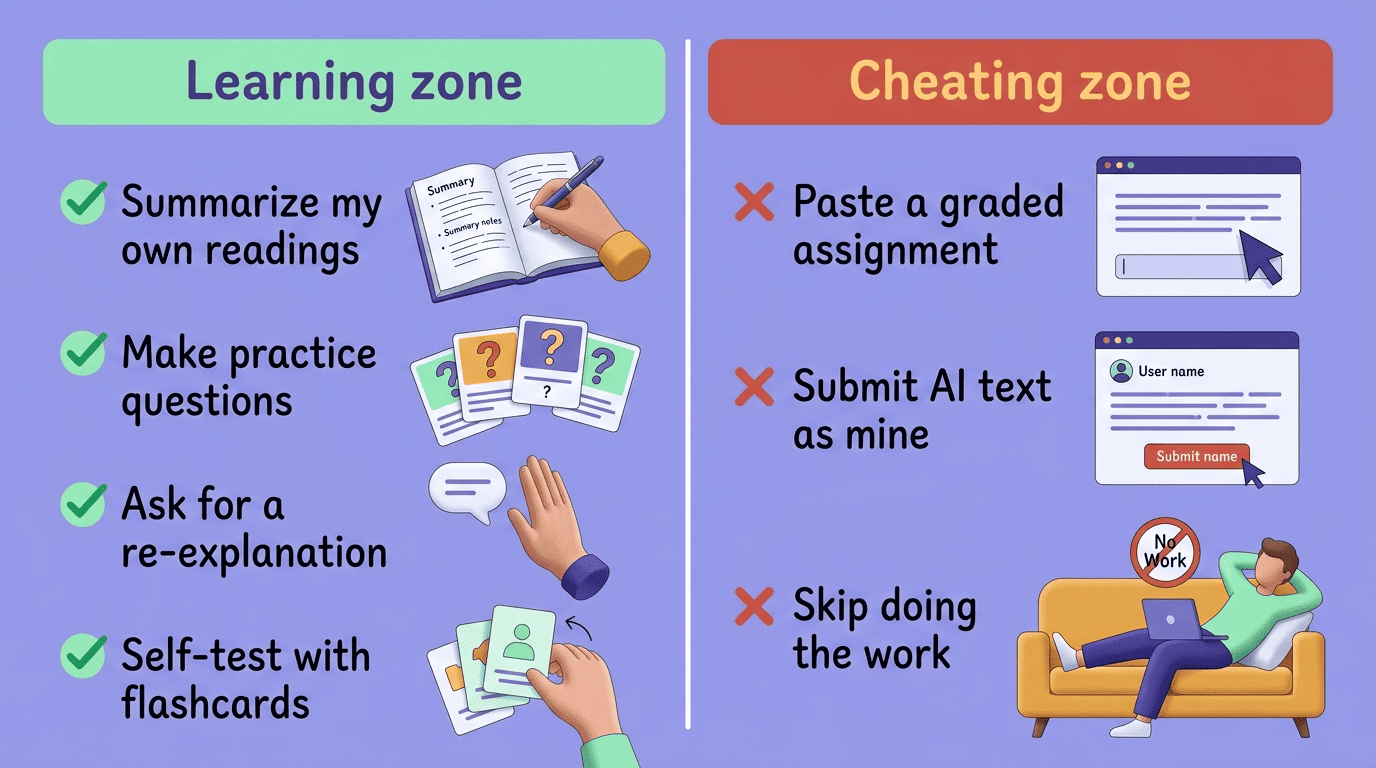 Split comparison of learning-zone versus cheating-zone uses of a free AI study tool