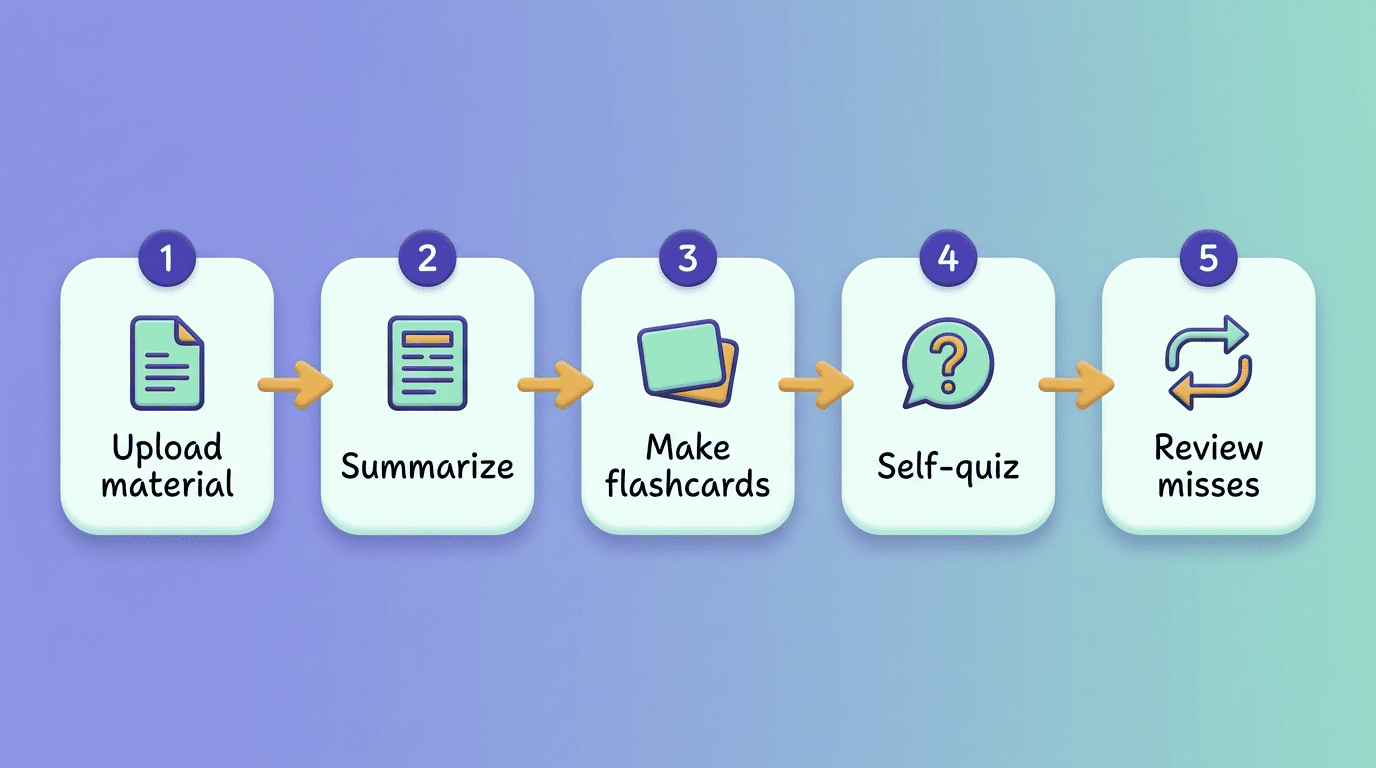 Five-step no-cost study routine: upload material, summarize, make flashcards, self-quiz, review misses