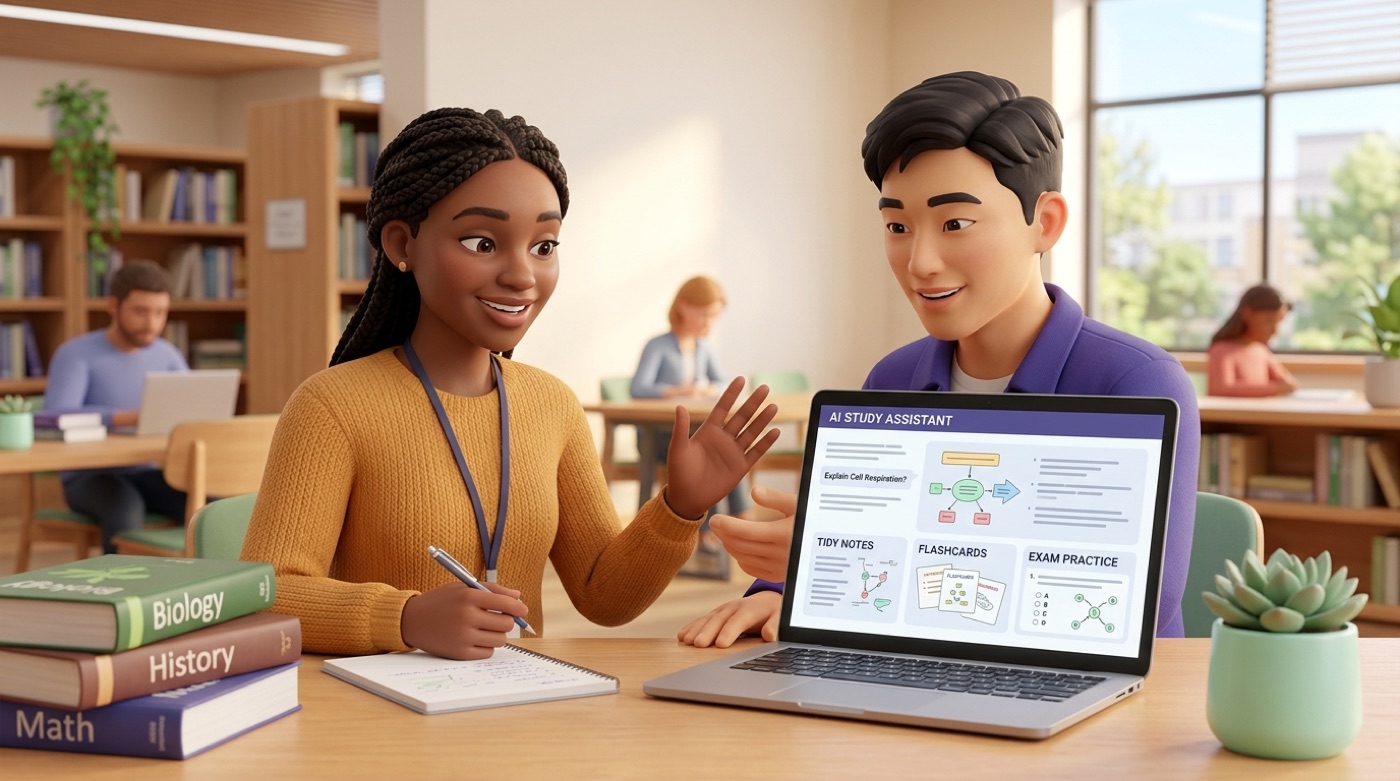 An AI study assistant turning a question into a clear explanation, study notes, flashcards, and exam practice