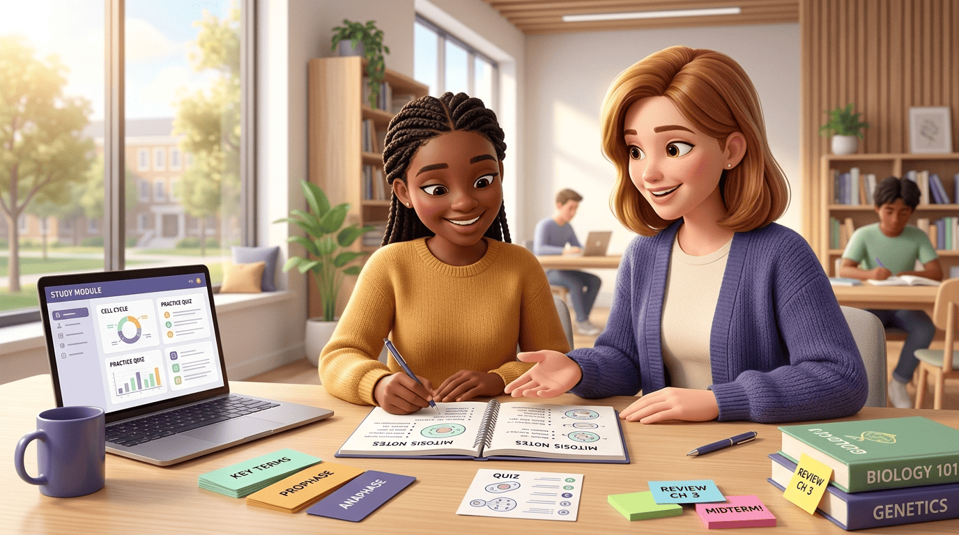 Tutor Ada studying with a student using a study AI that turns lecture notes into flashcards and quizzes