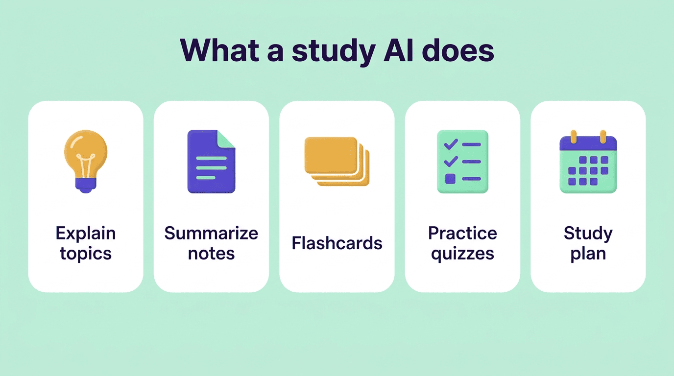 Five things a study AI does for students: explain topics, summarize notes, make flashcards, create quizzes, and build a study plan