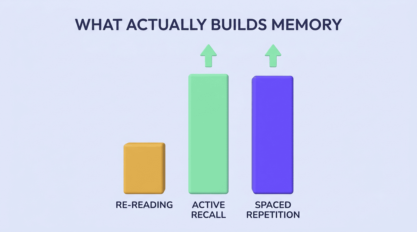 Comparison of study methods showing active recall and spaced repetition build memory far better than re-reading