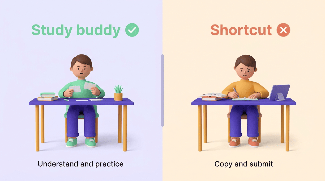 Comparison of using a study AI as a study buddy versus a shortcut: understand and practice versus copy and submit