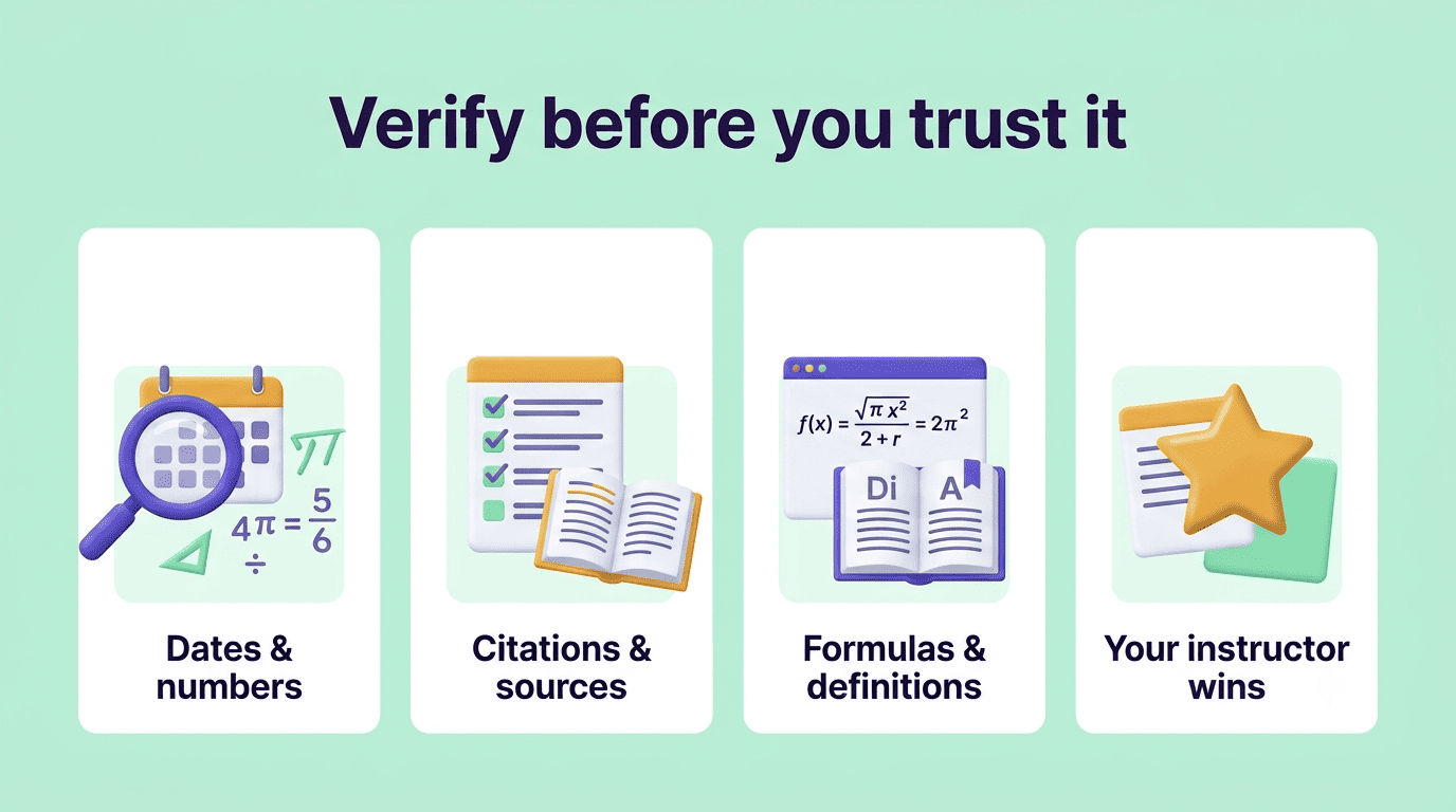 Checklist of what to verify from a study AI: dates and numbers, citations, formulas and definitions, and your instructor's version